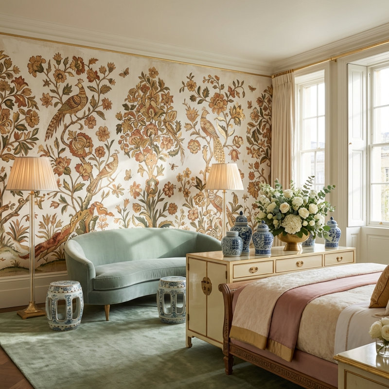 Papier peint floral vintage avec oiseaux, fresque murale traditionnelle, 80"x96", Peel and Stick