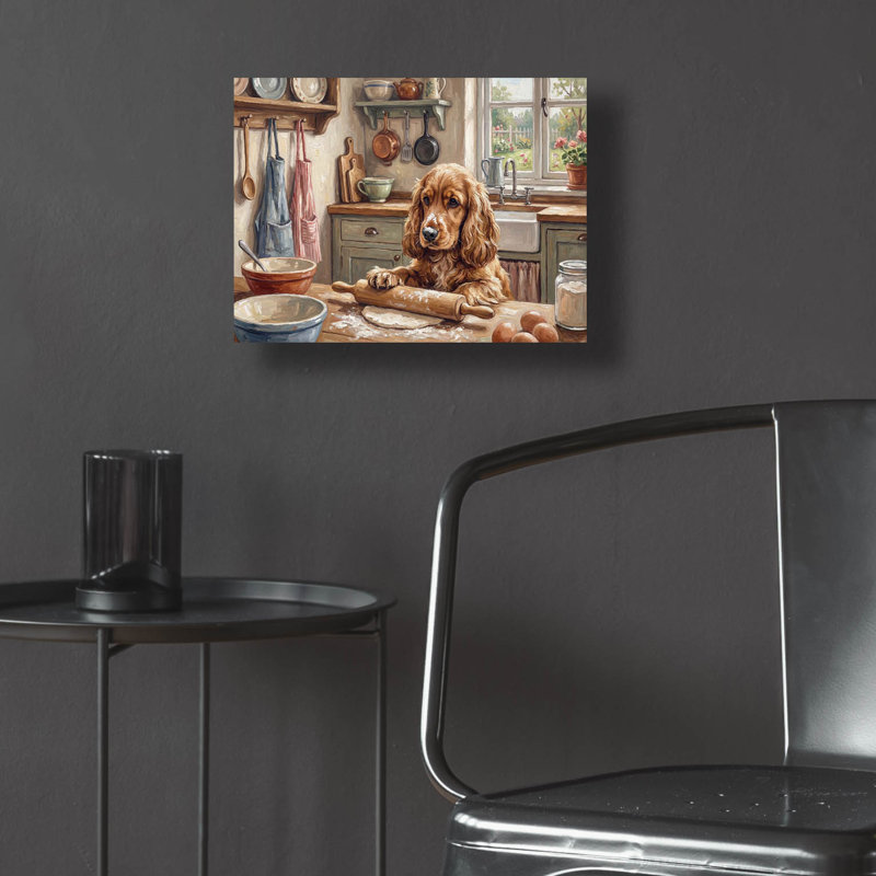 Art mural en verre acrylique épique «Cocker Spaniel In The Kitchen» par Rich Monet, 16 po x 12 po, H 12 po x l 16 po