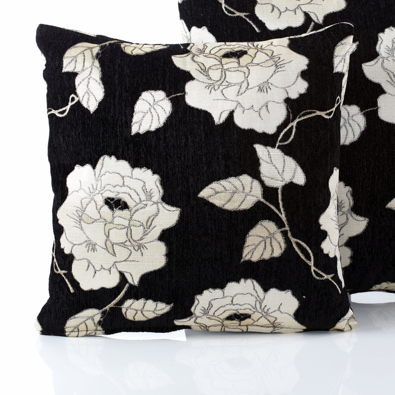 Piedmt Chenille Rose Cushion Cover with Filler Pad, Black, 55 cm H x 55 cm W