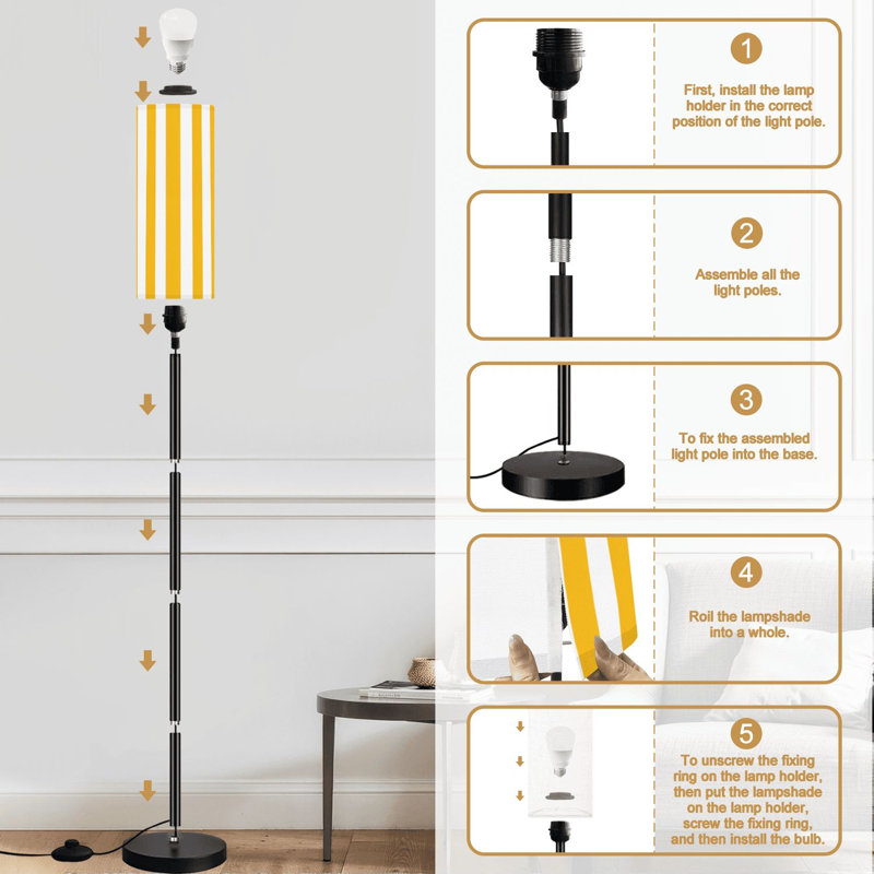 Lampe sur pied à rayures verticales verticales jaunes et minimalistes à intensité variable avec télécommande et interrupteur au pied à pied avec abat-jour