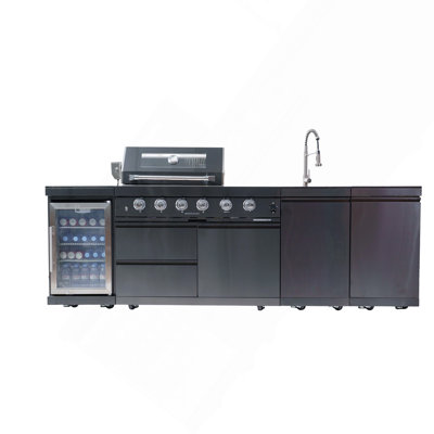 46" 4-Burner 72,000 BTU Deluxe Stainless Steel Outdoor Kitchen BBQ Island Grill with Wine Cooler, Rotisserie & Granite Countertop