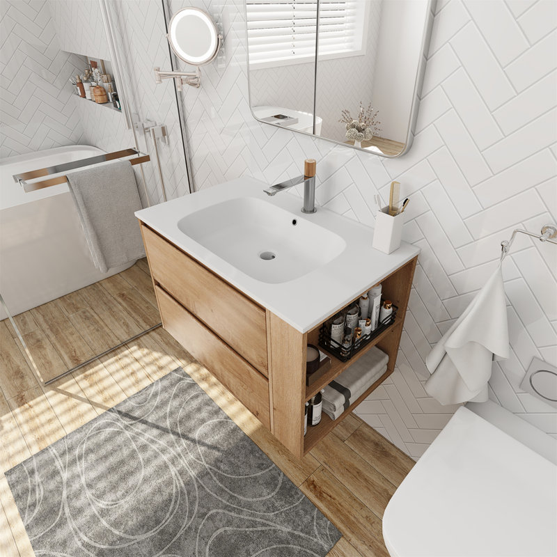 Livleen 29.7'' Wall Mounted Single Bathroom Vanity with Gel Top,Wood Frame Bathroom Storage Cabinet, Imitative Oak