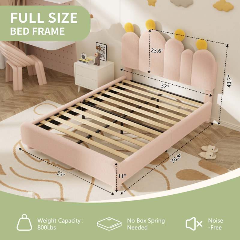 Cactus-Shaped Teddy Fleece Bed - Pom-Pom Headboard, Sturdy & Noise-Free, Easy Assembly, Pink, Full