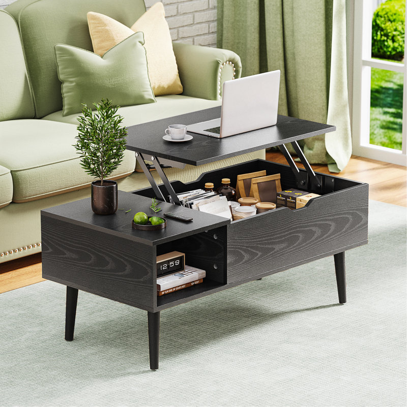 Tables basses en bois à plateau relevable avec compartiment caché et petit bureau pour le salon, Noir, Noir