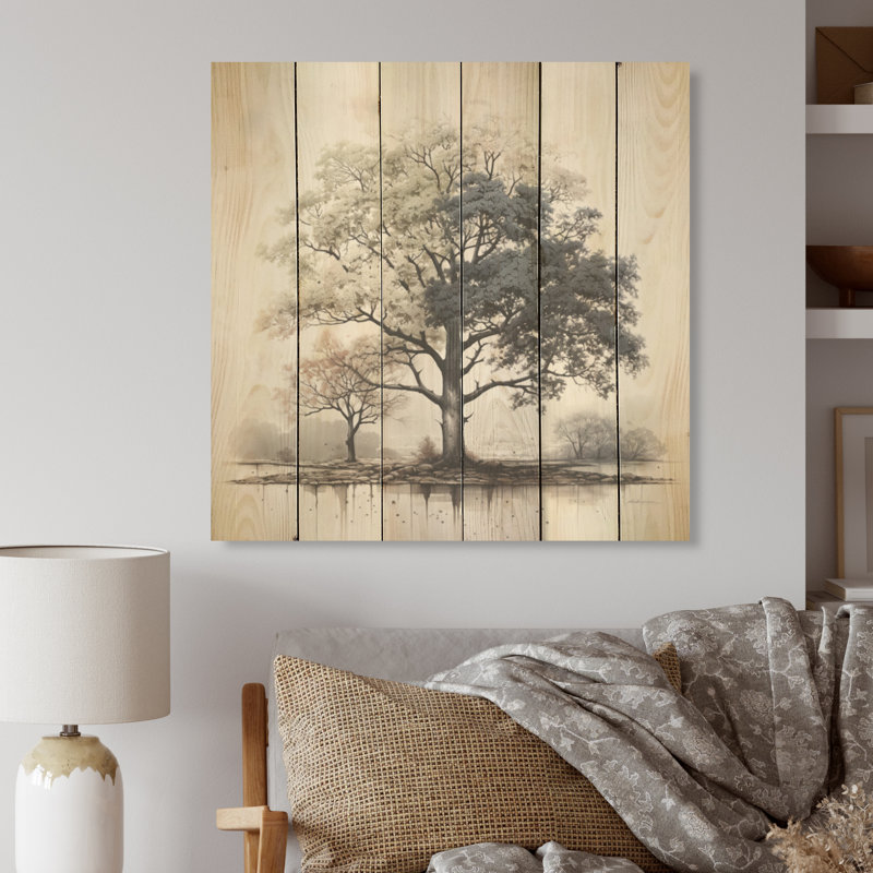 Élégance subtile d'un arbre monochrome - Art sur bois en pin naturel, H 15 po x l 15 po