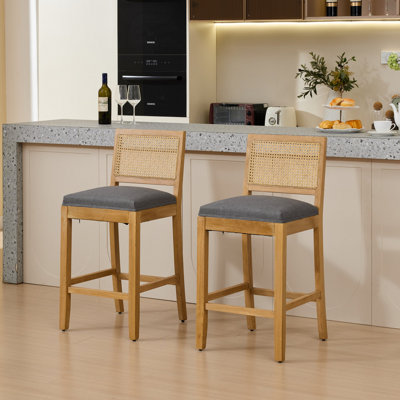 Full Solid Wood Rattan-Back Bar Stool, Matte Linen Cushion With High-Resilience Foam & S-Springs, Ideal For Rustic/Natural Style Kitchen Island, Low Bar In Dining Room & Café,Set Of 2