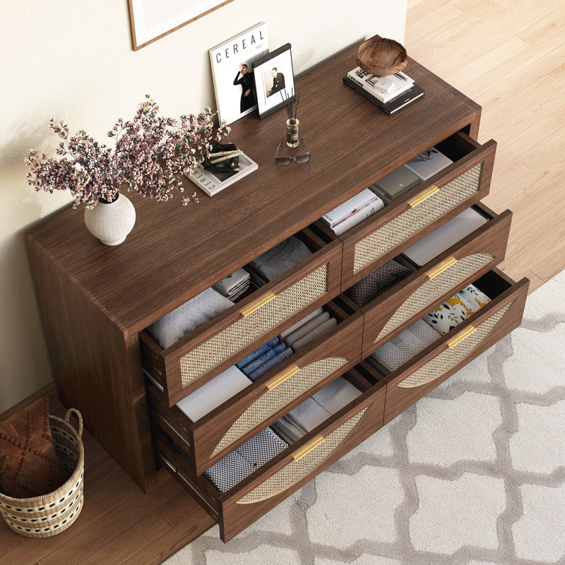 Rattan Storage Dresser With 6 Drawers, Wooden Cabinet For Bedroom & Living Room, Arc, Walnut
