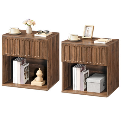 22.8" W Mid-Century Modern Wood Nightstand,1-Drawer with Open Cubby,Fluted Nightstand with Storage