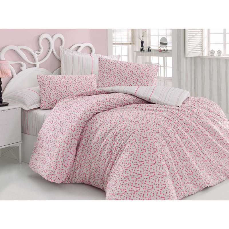 Ensemble de housse de couette 100% coton 3 pièces rose / blanc Berryessa