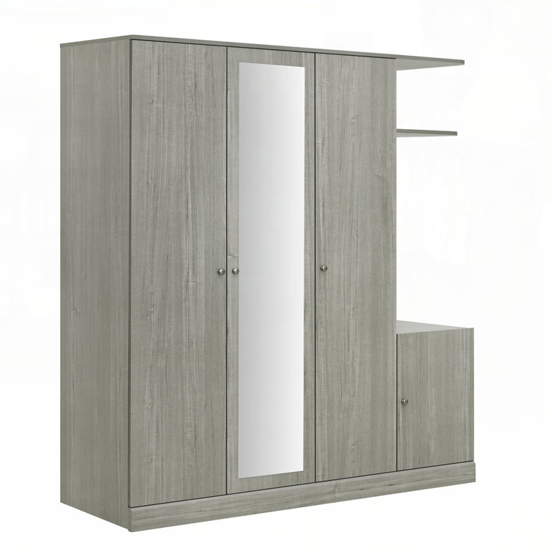Armoire 4 portes avec tablettes, tiroirs et miroir pleine grandeur, Gris
