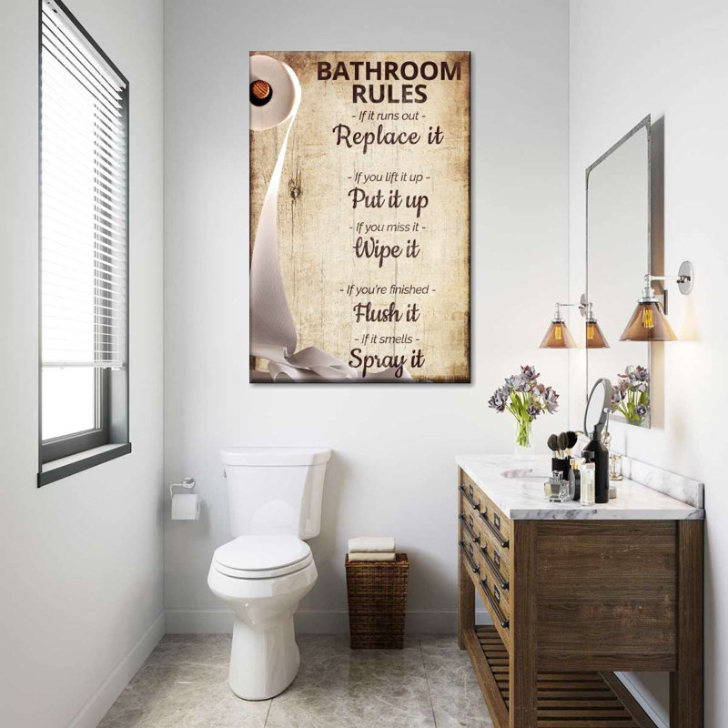 Funny Bathroom Rules Canvas Print, 26" H x 39" W x 1.25" D