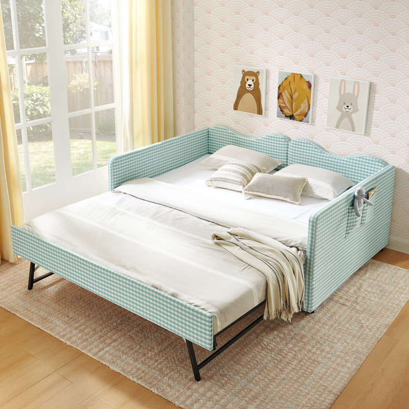 Lit de jour double, lit de jour rembourré en vichy équipé d'un cadre de lit gigogne escamotable et d'une poche de rangement latérale, canapé-lit multifonctionnel en bois massif pour chambre d'enfant et chambre d'amis - Cyan