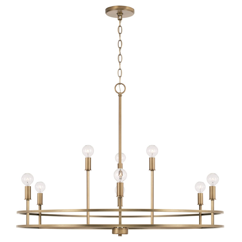 Lustre en forme de roue de chariot à 9 lumières Klay, Laiton vieilli