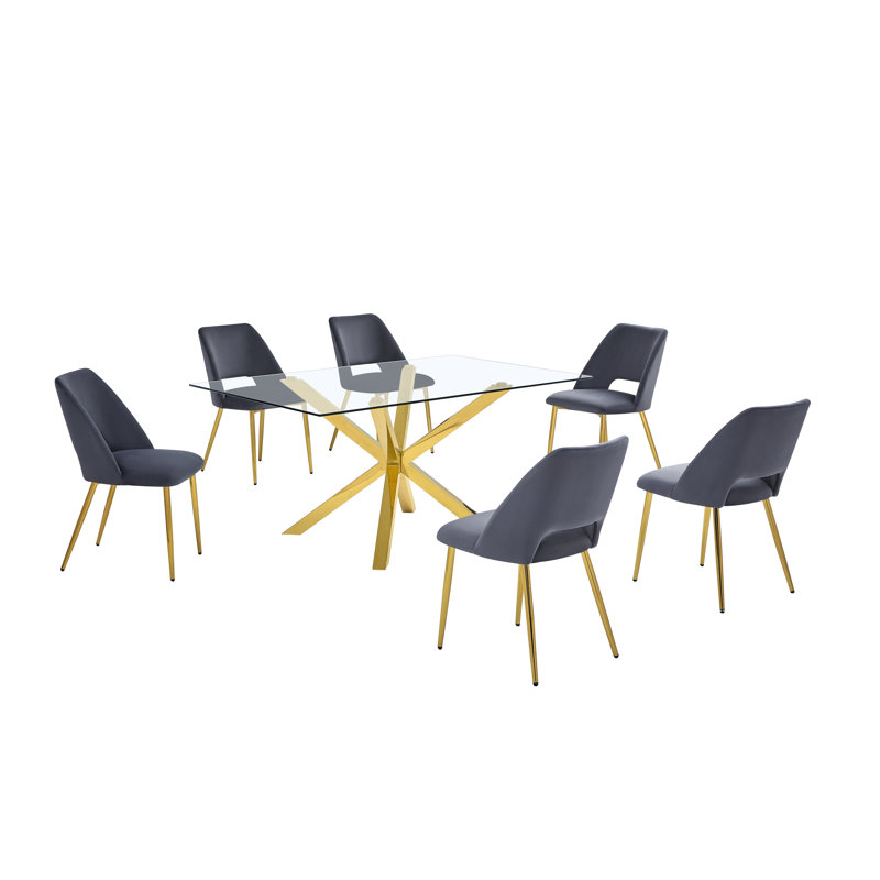 Ensemble de salle à manger rectangulaire en verre 63 po x 39 po avec chaises d'appoint en velours et base dorée, Gris, 7
