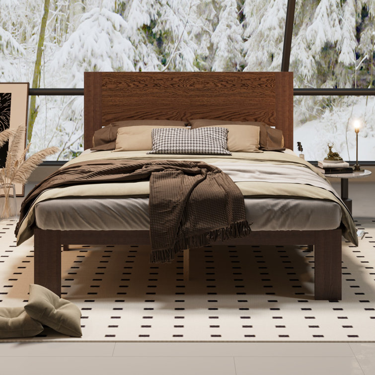 Solid Wood Bed Frame With Headboard – Made Of Rubberwood & Pine For Sturdy And Elegant Design