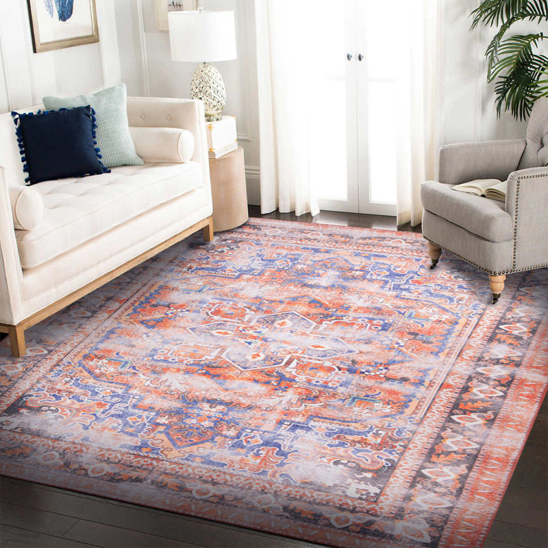 Tapis bleu orange à motif rétro tissé, Rond 7 pi 7 po