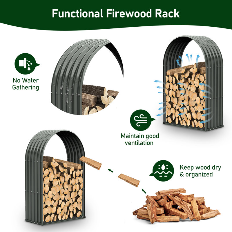 Ore Gray Galvanized Steel Arch Firewood Storage Rack with Shed