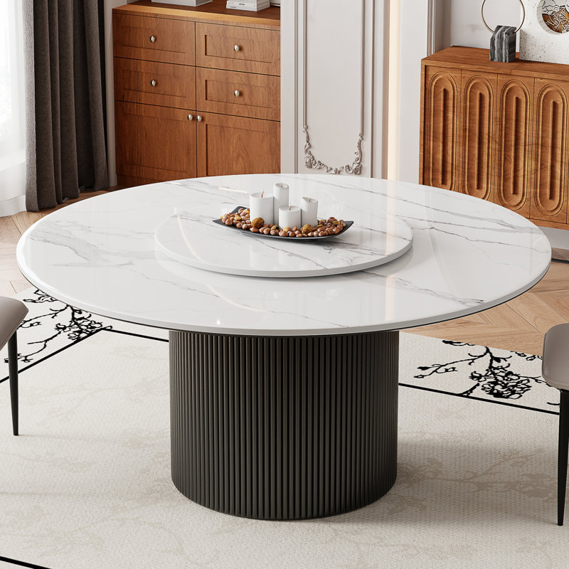 Modern 59"Round Dining Table with Lazy Susan, White Glossy Sintered Stone Top, Wood leg, Black