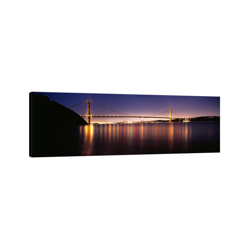 Suspension Bridge Lit Up At Dusk, Golden Gate Bridge, San Francisco Bay - Wrapped Canvas Panoramic Print