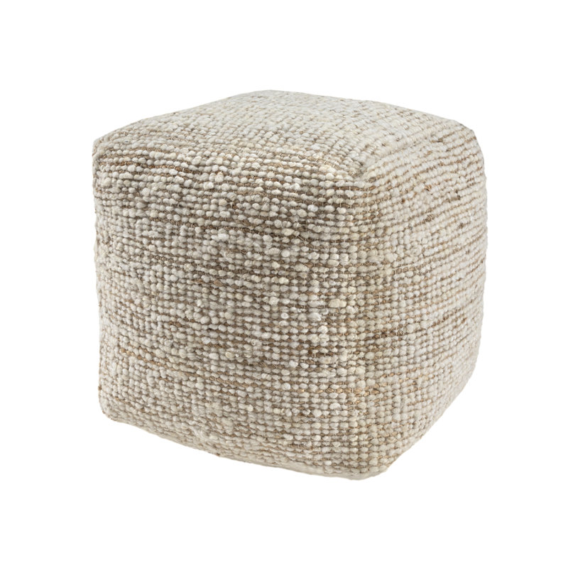 Savanna Farmhouse Distressed Hand-Woven Wool Blend Pouf Ottoman, Beige/Ivory