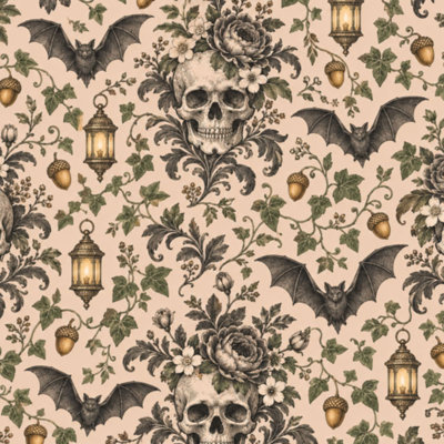 Papier peint adhésif à motif floral, chauve-souris, crâne, feuilles gothiques, lanterne vintage, pomme de pin foncée pour Halloween. Décoration murale amovible et autocollante pour chambre, cuisine et placards. 61 cm x 300 cm.