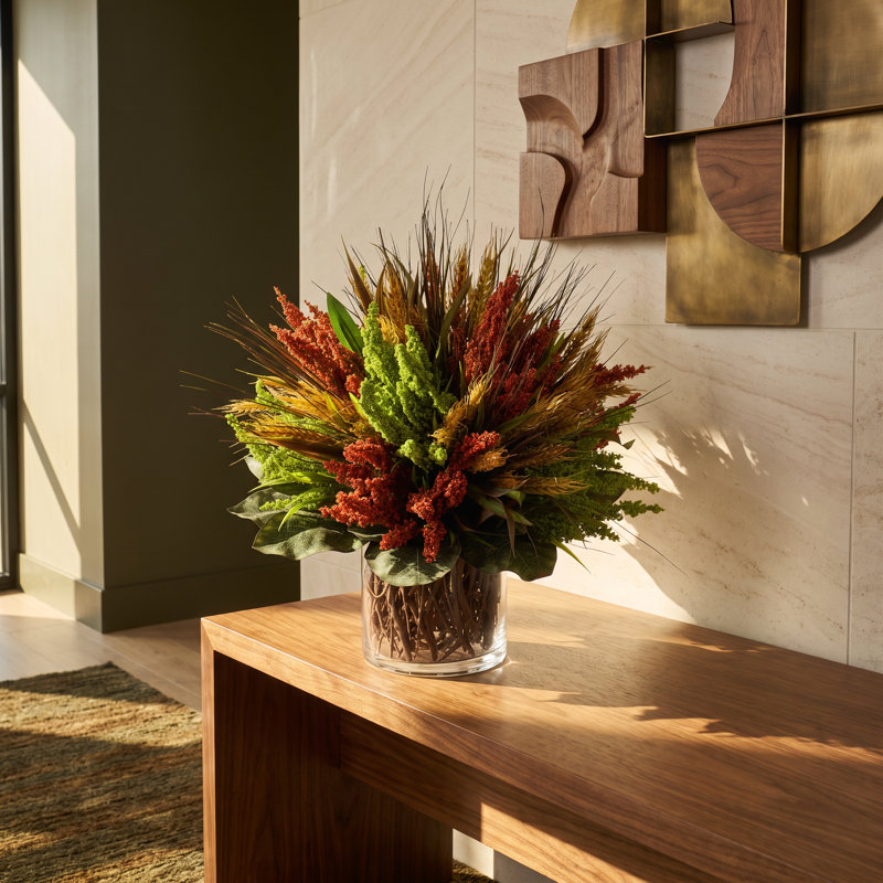 Arrangement d'automne Heather and Wheat dans un vase en verre avec bouleau