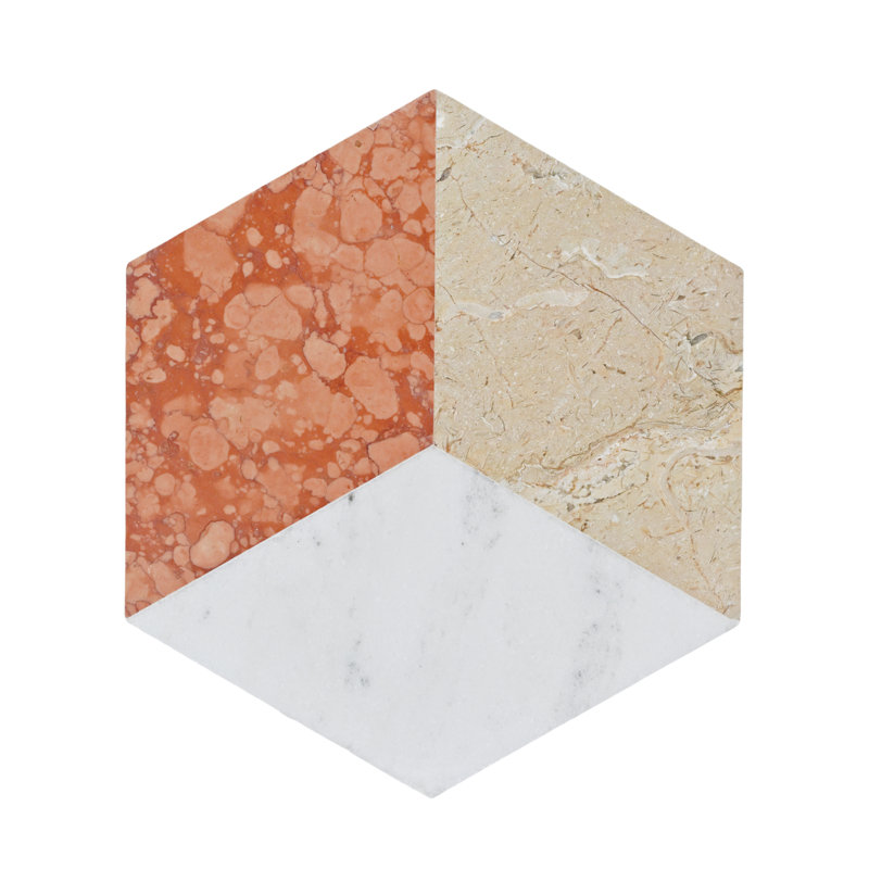 , Carreaux de marbre hexagonaux polis à jet d'eau tricolore blanc et rouge, naturel pour mur et plancher de couloir, 12 pièces par boîte, variation unique