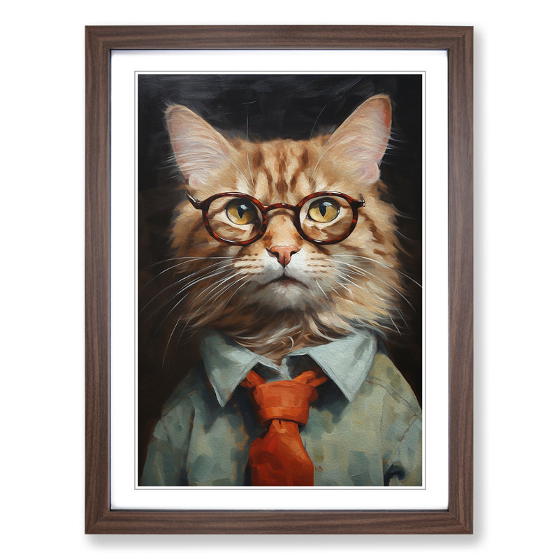 Cat With Glasses No.2 - Single Picture Frame Print on Wood, Walnut , 64cm H x 46cm W x 2cm D