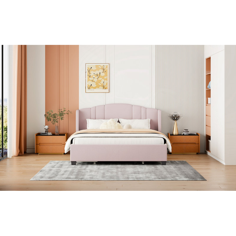 Modern Bed, Upholstered Platform Bed With Wingback Headboard And 4 Drawers, No Box Spring Needed, Linen Fabric