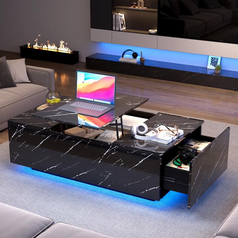 Table basse à plateau relevable avec rangement, lumières DEL 24 couleurs, chargement sans fil et haut-parleur Bluetooth pour le salon, noir