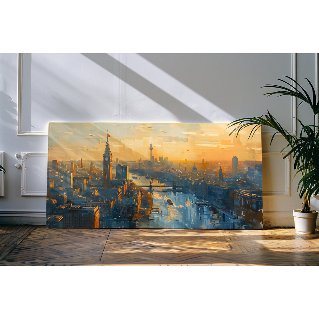 Bilder auf Leinwand 120x60cm Stadt Fluss Hochhäuser Sonnenuntergang Abendrot