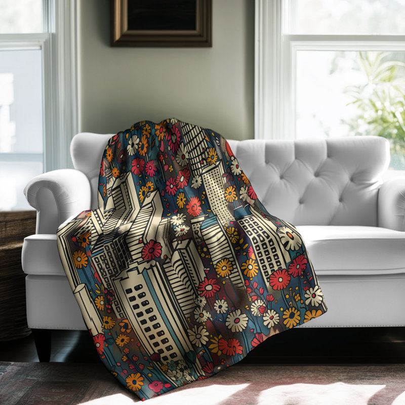 Cityscape Meadow Delight - Couverture sherpa de qualité supérieure 1 pièce, Lit simple