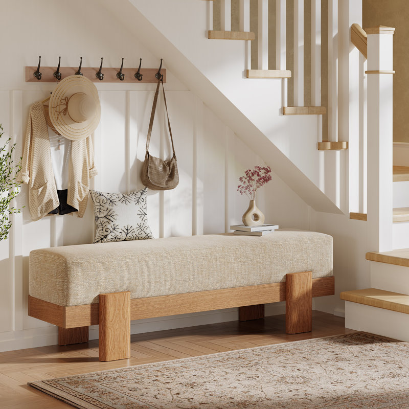 Linen Blend Upholstered Bench, Beige
