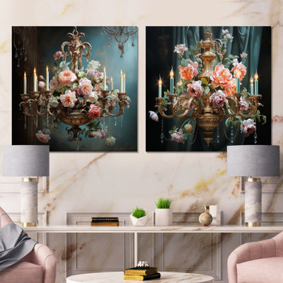 Lustre rose floral rétro I - lustre en métal, ensemble de 2 carrés