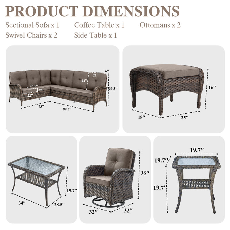 Ensemble de conversation modulaire d'extérieur en osier PE pour 7 personnes Serita Yokota, Gris
