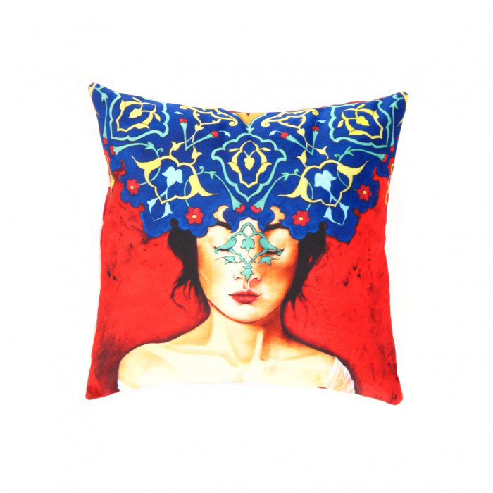Coussin en velours Heriz 16 pi x 16 pi, Bleu/rouge