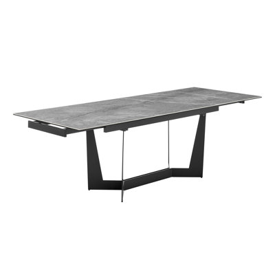 Table à rallonge 95 po Cerdic avec plateau en verre de céramique gris Venise et base en acier noir mat