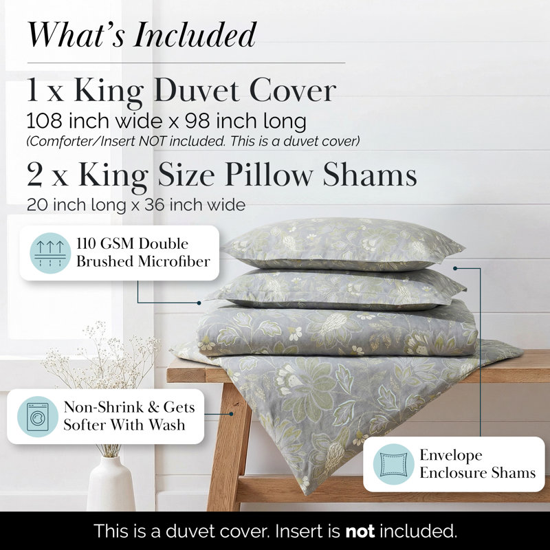 Southshore Fine Linens Infinite Blossom Reversible Duvet Cover Set in Steel Blue, Double-Brushed Microfiber Floral Bedding with Hidden Zipper and Corner Ties, 1 Duvet Cover and 2 King Pillow Shams, King / California King