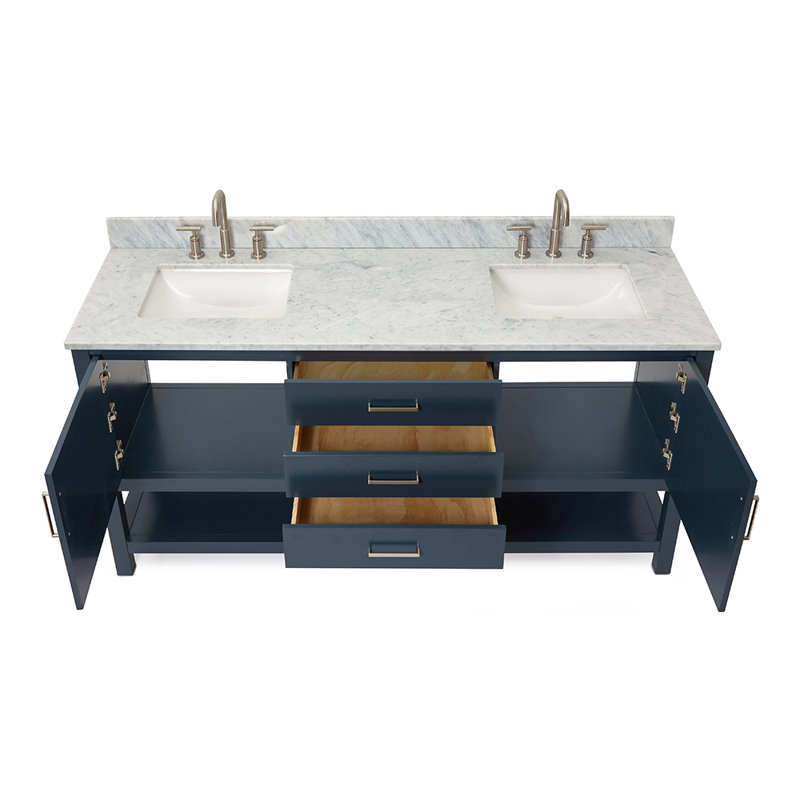 Ensemble de meuble-lavabo double 73 po Abby, Rectangulaire, Bleu minuit, Laiton satiné