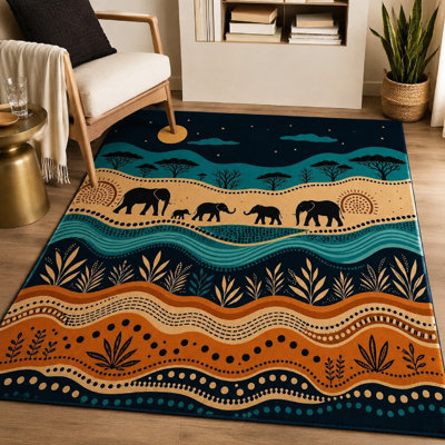 1Pcs African savanna scene with elephants, starry night sky, decorative wavy patterns, washable and durable, suitable for living room, bedroom, kitchen, office indoor use for home detor