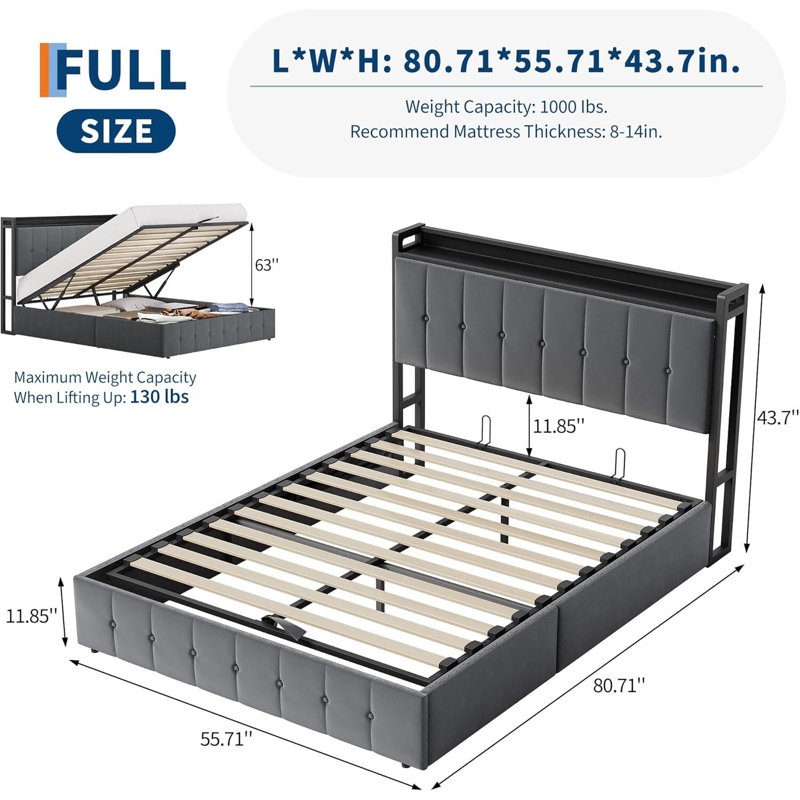 Structure de lit avec rangement relevable et tête de lit avec rangement, Lit double, Gris foncé