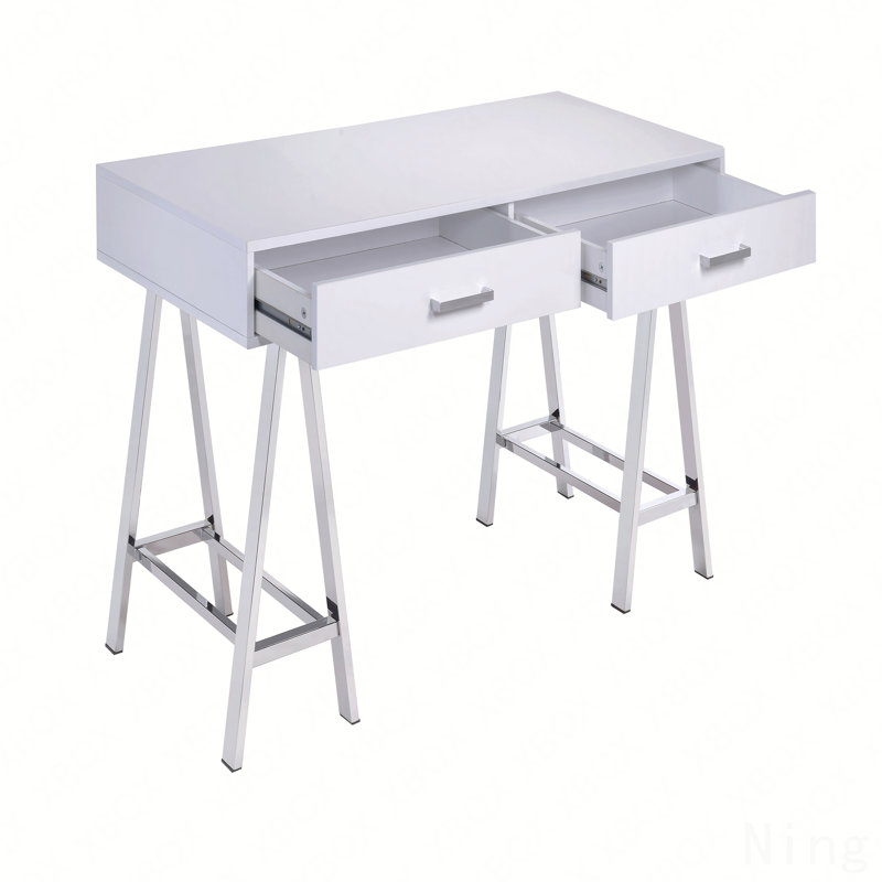 White High Gloss & Chrome Finish Writing Desk W/Usb