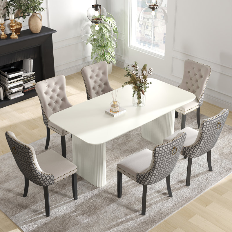 Ensemble de salle à manger rectangulaire à double piédestal avec table de salle à manger de style crème, 7, Blanc, Beige