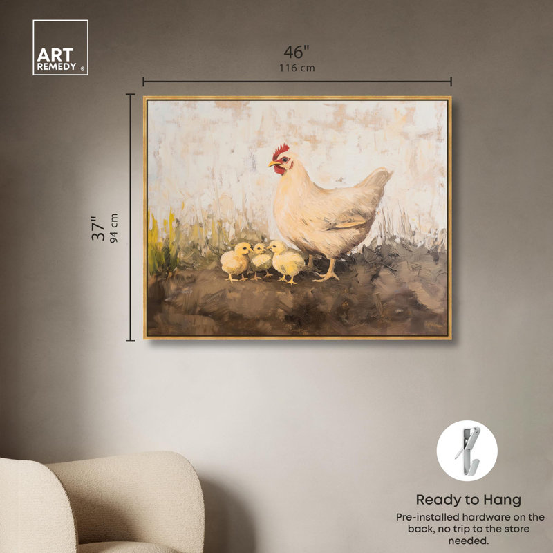 Art Remedy Farmhouse Landscape Canvas, Mother Hen and Chicks, Gold Floater Framed, 37" H x 46" W