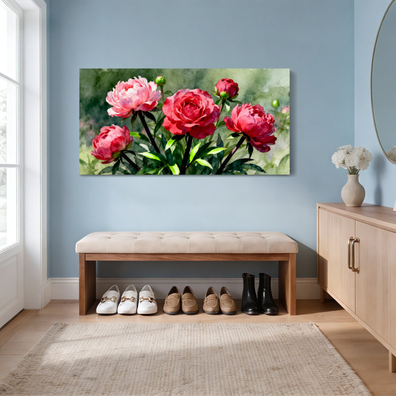 Ensemble de 1 tableau sur toile tendue, style aquarelle, représentant des pivoines, H 24 po x l 48 po