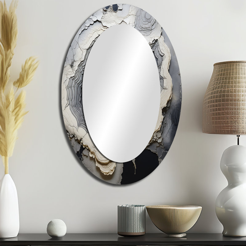 Gris pierre géode minimalisme II - grand miroir mural ovale sur métal, H 36 po x l 24 po