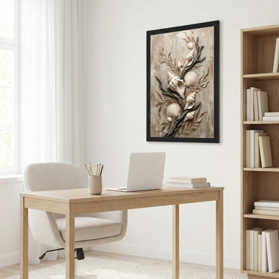 Art mural sur toile noir encadré pour le salon, la chambre à coucher, le bureau ou le vestibule - décoration murale décorative avec branche de coquillage