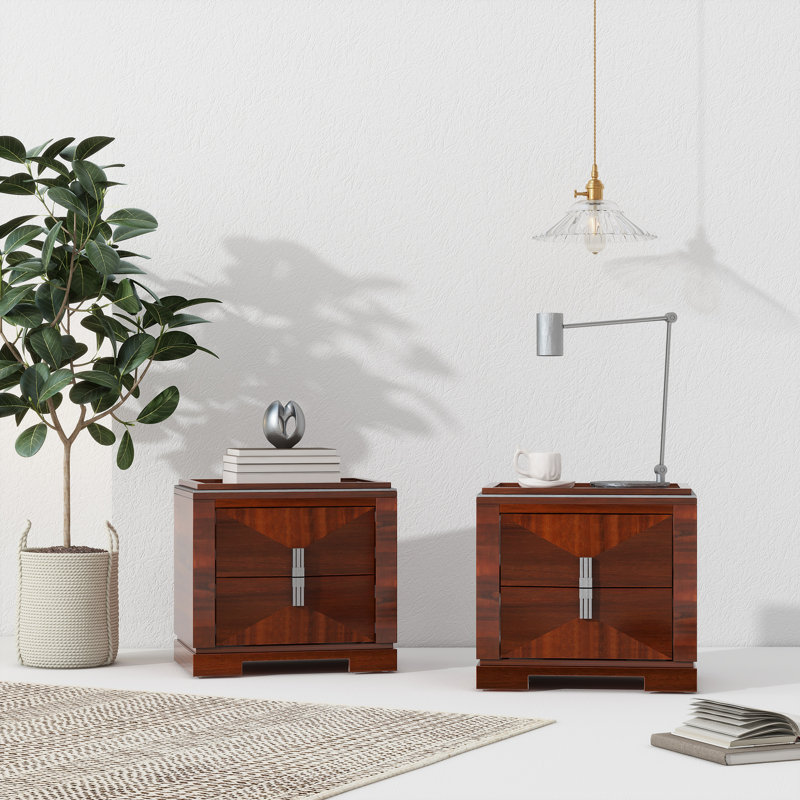 Orion Mid-Century Modern Wood Nightstand With Diamond-Pattern Drawers And Silver Accents, Dark Brown, Set of 2