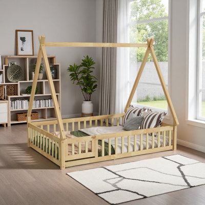 Tent-Shaped Floor Bed,Teepee Bed With Guardrails,Slats