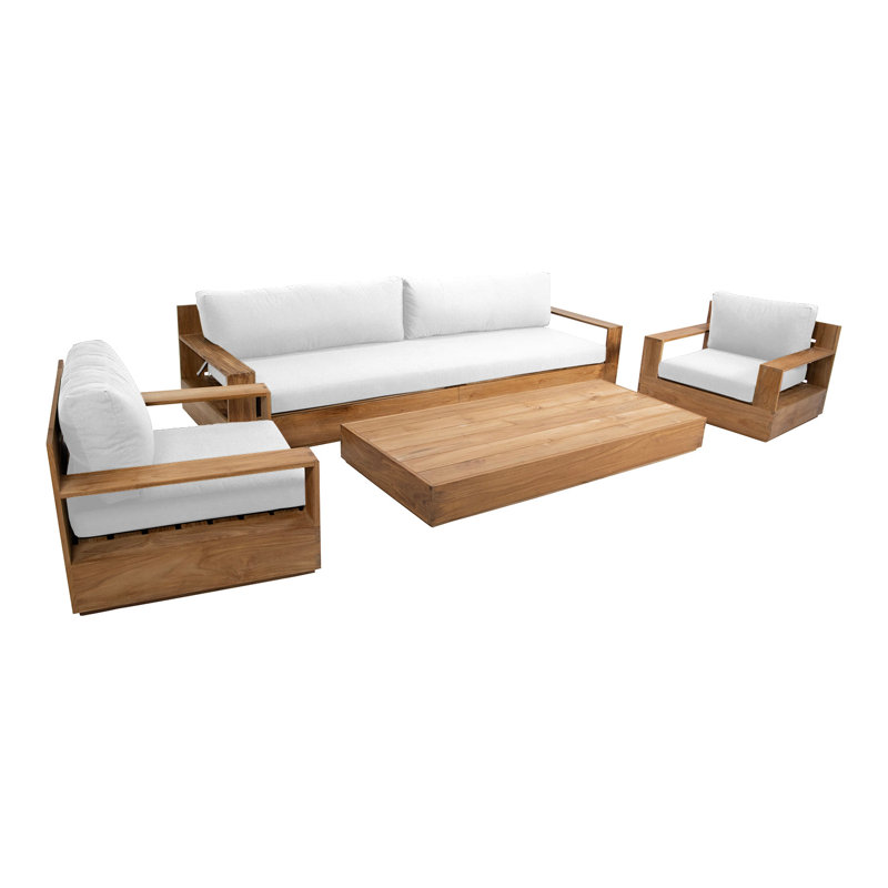 Pacific Outdoor 4 - Piece Teak Conversation Set with Sunbrella Cushions, White, 6 Pcs:  Sofa,2Chair,Cushion,Table,Ottoman